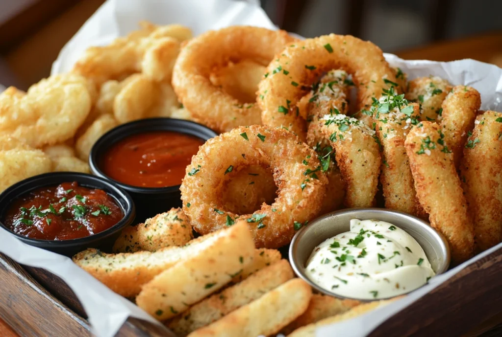 A basket of onion rings, garlic bread, and mozzarella sticks with dipping sauces as sides for garlic parmesan wings