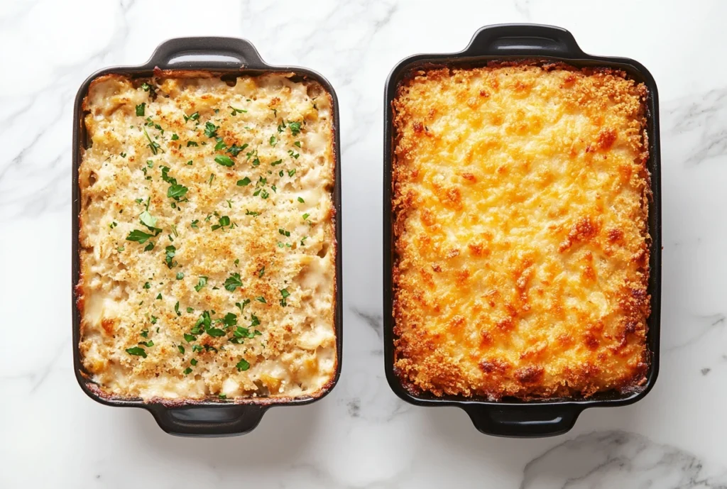 Two variations of Paula Deen sweet potato casserole, one with a crumbly herb topping and the other with a golden cheesy crust