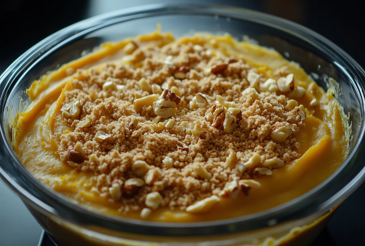 A freshly prepared Paula Deen sweet potato casserole with a crunchy pecan and brown sugar topping in a glass baking dish