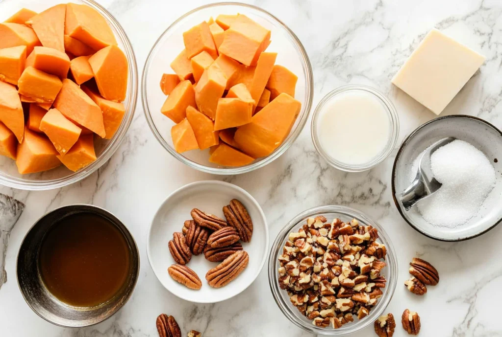 Ingredients for Paula Deen sweet potato casserole, including sweet potatoes, pecans, sugar, butter, and milk, neatly arranged in bowls