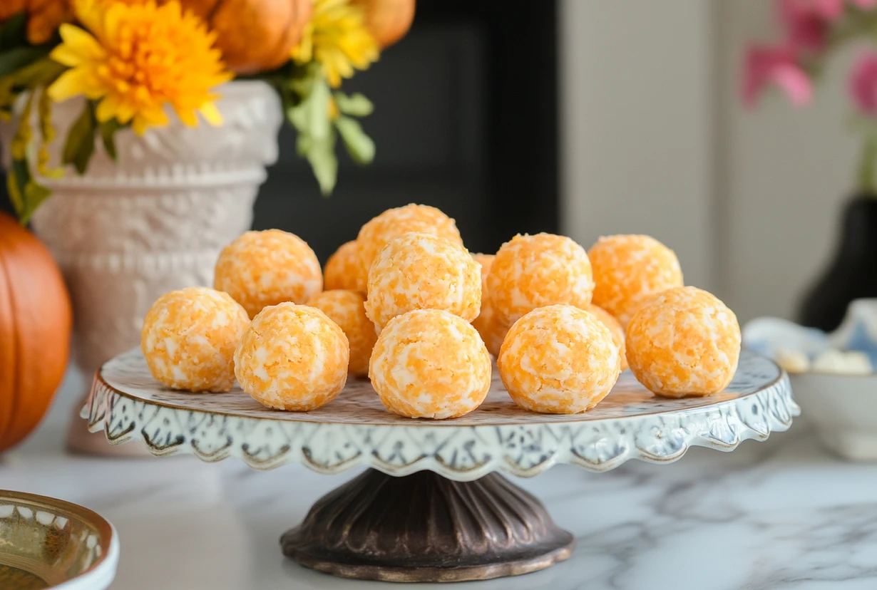 A decorative platter of pumpkin cream cheese balls arranged with a festive fall background