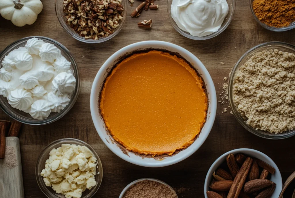 Ingredients for pumpkin cream cheese balls, including pumpkin puree, cream cheese, spices, and nuts, arranged on a wooden surface.