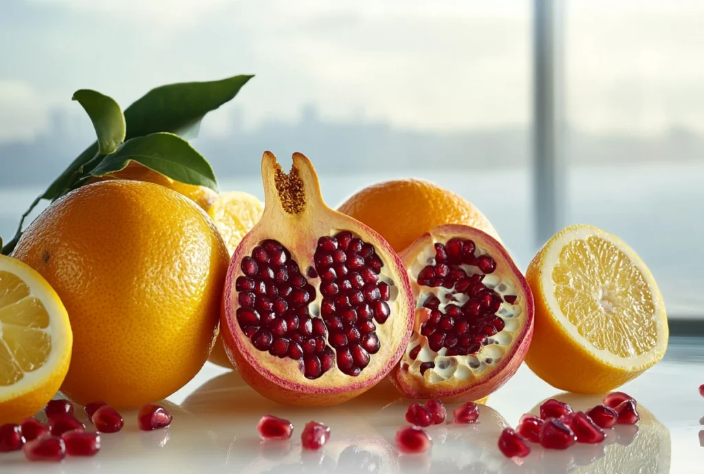 Fresh pomegranate, oranges, and lemons displayed on a table for the Pumptini Recipe