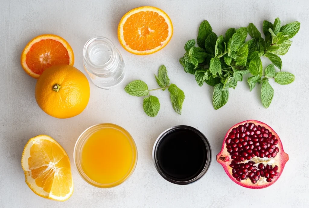 Fresh ingredients for the Pumptini Recipe, including oranges, pomegranate, mint leaves, orange juice, and pomegranate syrup.