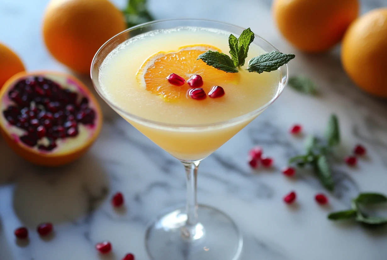 A vibrant Pumptini mocktail garnished with an orange slice, pomegranate seeds, and fresh mint leaves