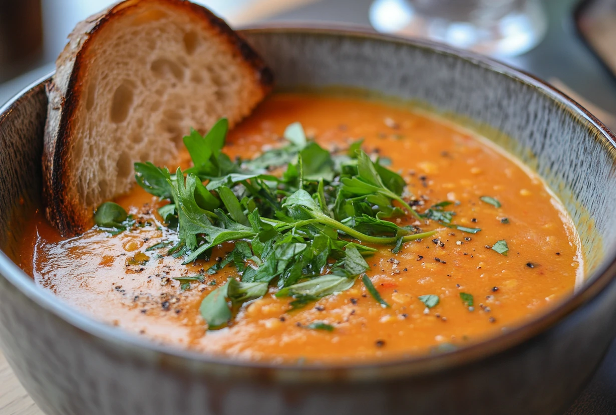 A bowl of creamy red lentil soup garnished with fresh parsley and served with a slice of toasted bread