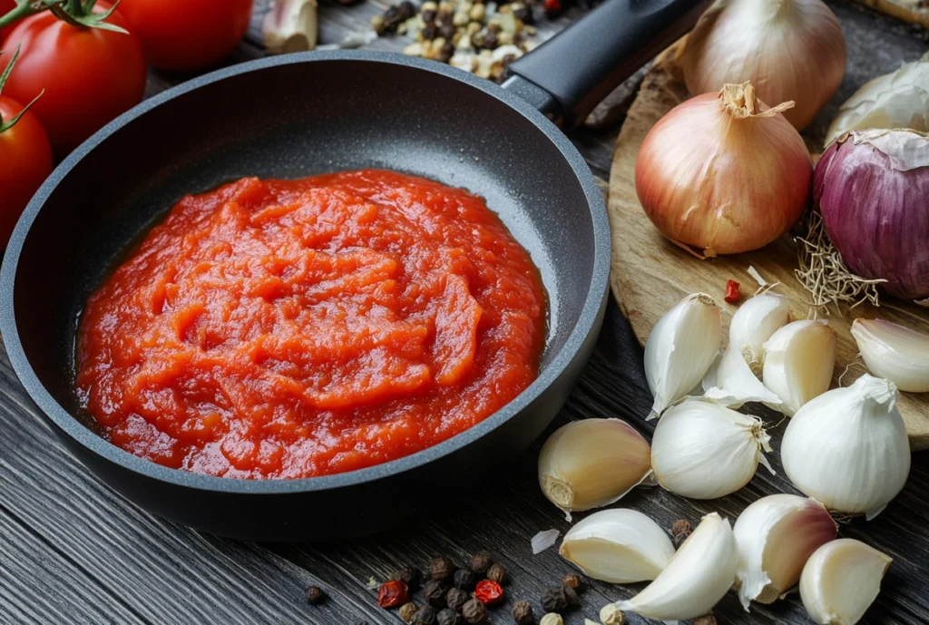 A pan of sautéed tomato paste surrounded by fresh garlic, onions, and tomatoes, ready to be added to beef stew