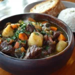 A hearty bowl of good stew with potatoes, carrots, and garnished with fresh parsley, served with rice and bread.