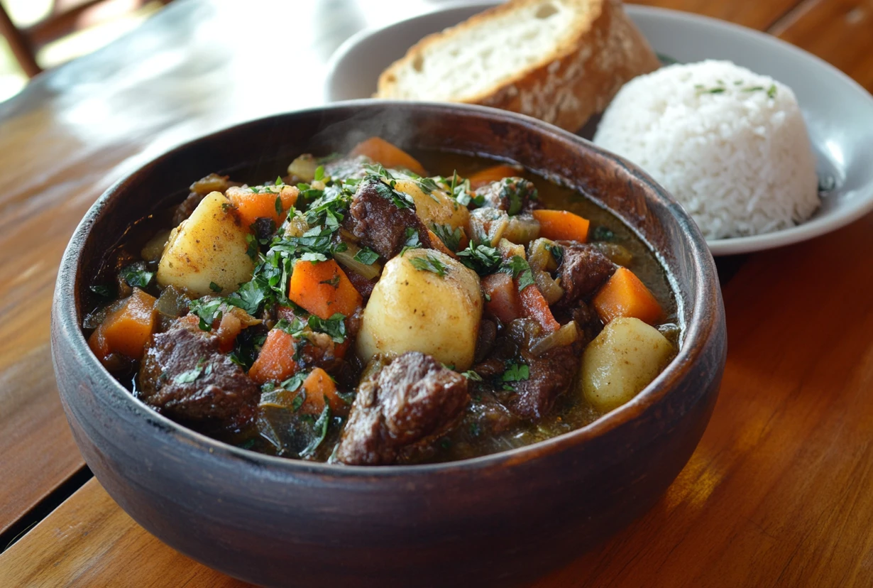 A hearty bowl of good stew with potatoes, carrots, and garnished with fresh parsley, served with rice and bread.