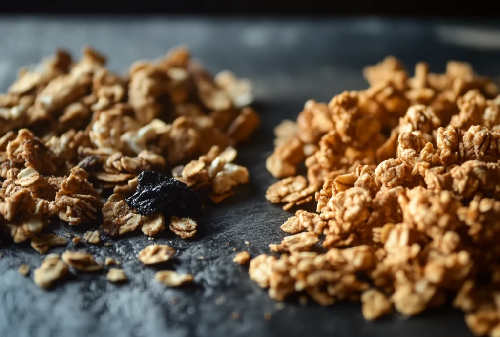 A close-up comparison of soggy granola and crispy granola on a dark surface