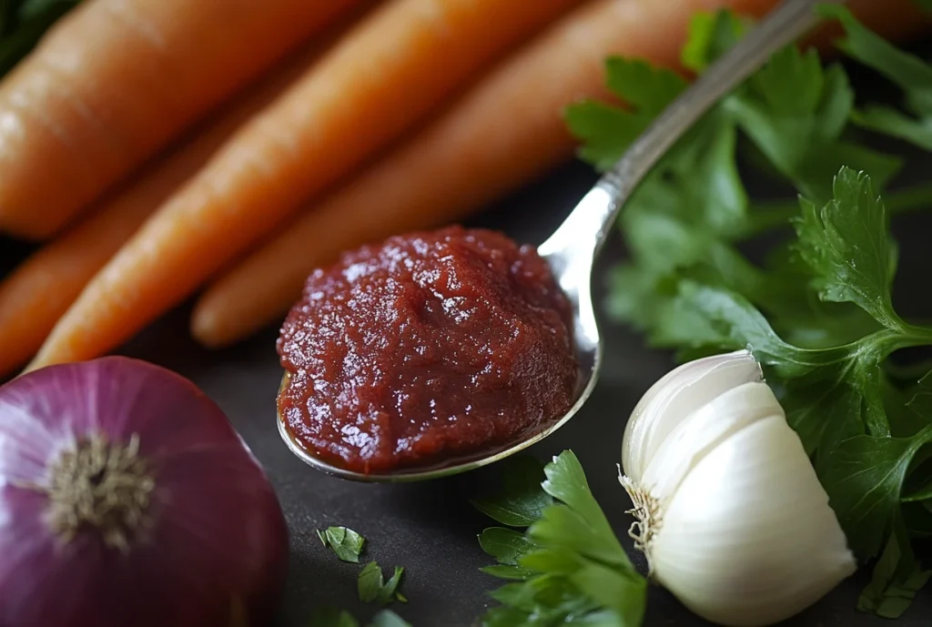 A spoon of tomato paste surrounded by carrots, garlic, onion, and parsley, highlighting its role in beef stew preparation