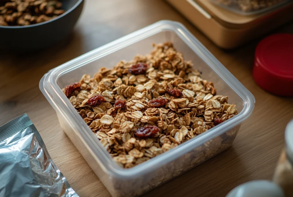 Fresh homemade granola with dried fruit stored in a clear plastic airtight container on a wooden table