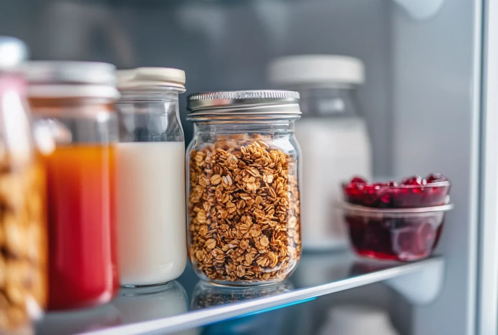 Jar of fresh homemade granola stored in a refrigerator alongside milk, juice, and preserves.