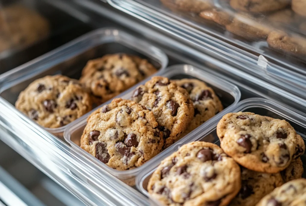 Chocolate chip cheesecake cookies stored in airtight plastic containers