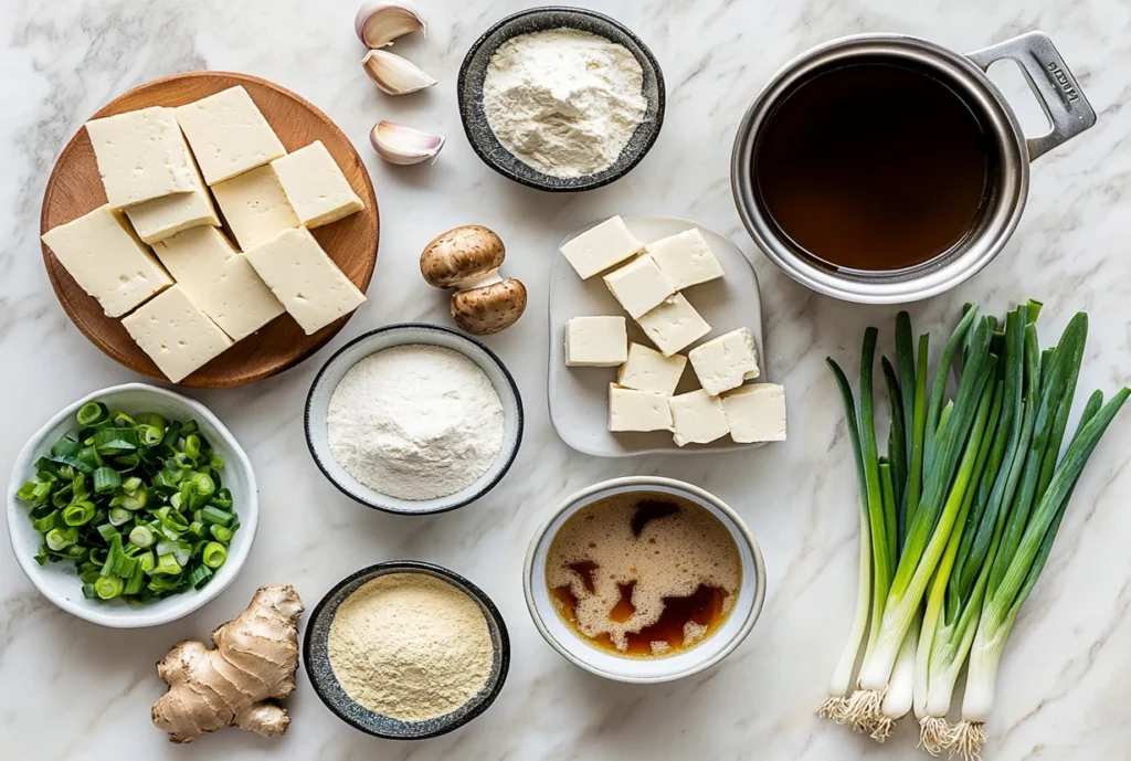 Ingredients for tofu dumplings, including tofu, green onions, ginger, garlic, mushrooms, flour, and broth, displayed on a marble surface.