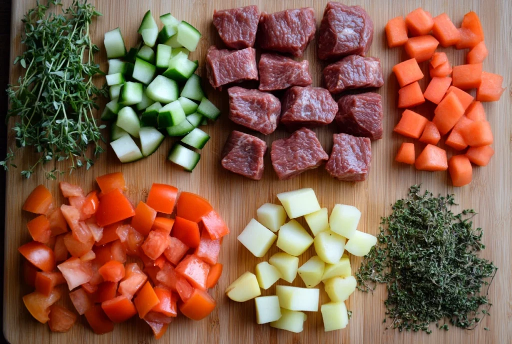 Fresh ingredients for tomato beef stew on a wooden cutting board