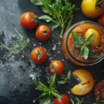 A jar of tomato paste surrounded by fresh tomatoes, herbs, and spices, showcasing its freshness and flavor.