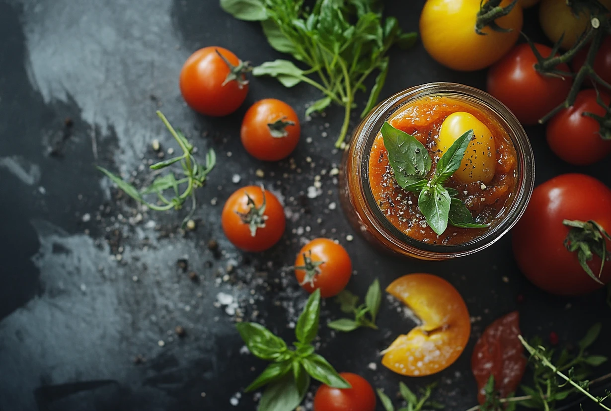 A jar of tomato paste surrounded by fresh tomatoes, herbs, and spices, showcasing its freshness and flavor.