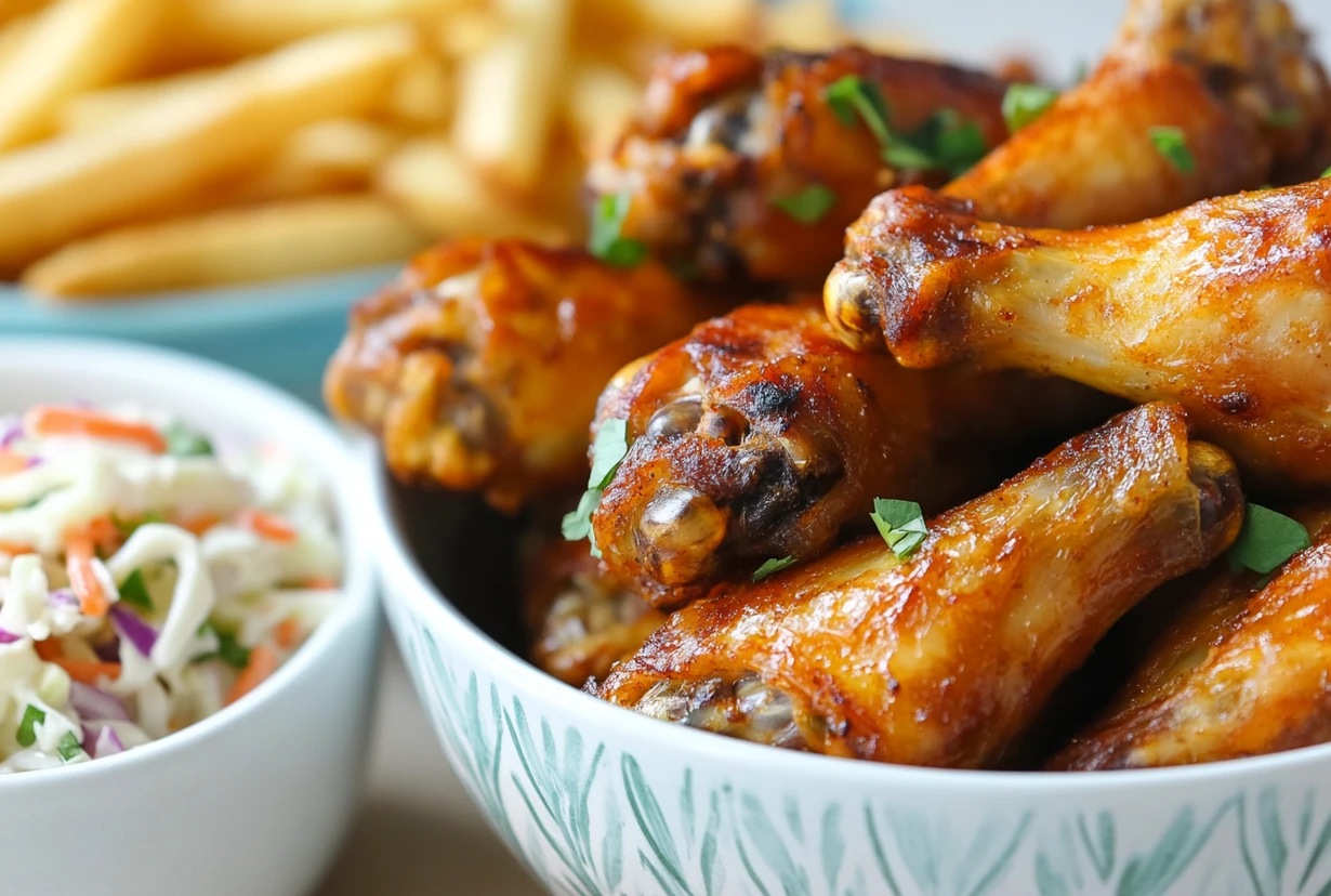 Garlic parmesan wings served with coleslaw and fries as sides.