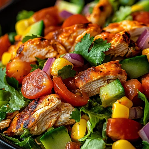 Close-up of a Spicy Southwest Chicken Salad featuring grilled chicken, avocado, tomatoes, corn, red onion, and cilantro.