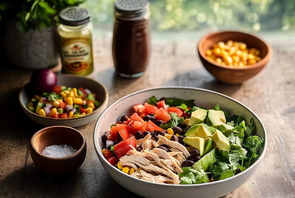 A bowl of Spicy Southwest Chicken Salad with shredded chicken, black beans, tomatoes, avocado, and cilantro, placed on a rustic wooden table.
