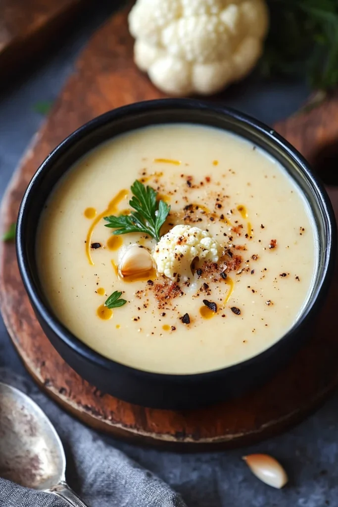 A creamy roasted garlic cauliflower soup served in a black bowl, garnished with roasted cauliflower, parsley, and a drizzle of oil.