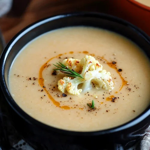 A creamy bowl of roasted garlic cauliflower soup garnished with roasted cauliflower, fresh rosemary, and a drizzle of oil