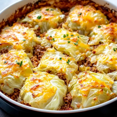 A delicious cabbage beef bake in a white casserole dish, featuring tender cabbage layers, seasoned ground beef, and melted cheese, garnished with fresh herbs.