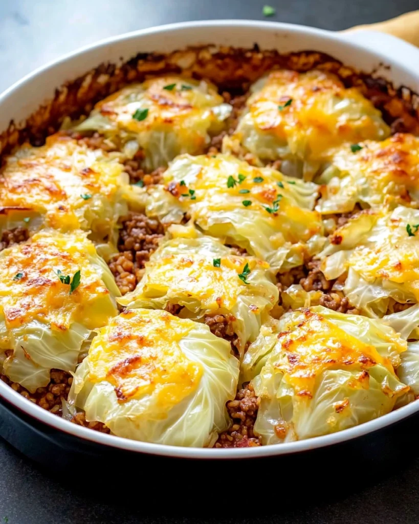 A delicious cabbage beef bake in a white casserole dish, featuring tender cabbage layers, seasoned ground beef, and melted cheese, garnished with fresh herbs.