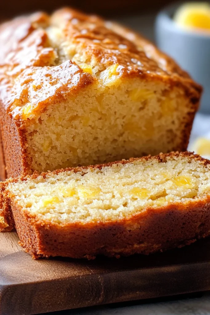 A moist and golden pineapple quick bread with a crispy crust, sliced to reveal its soft and fruity interior.