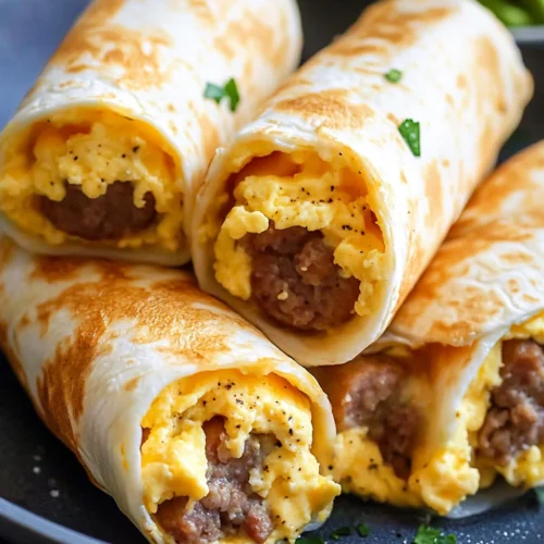 Close-up of sausage and egg breakfast burritos on a plate
