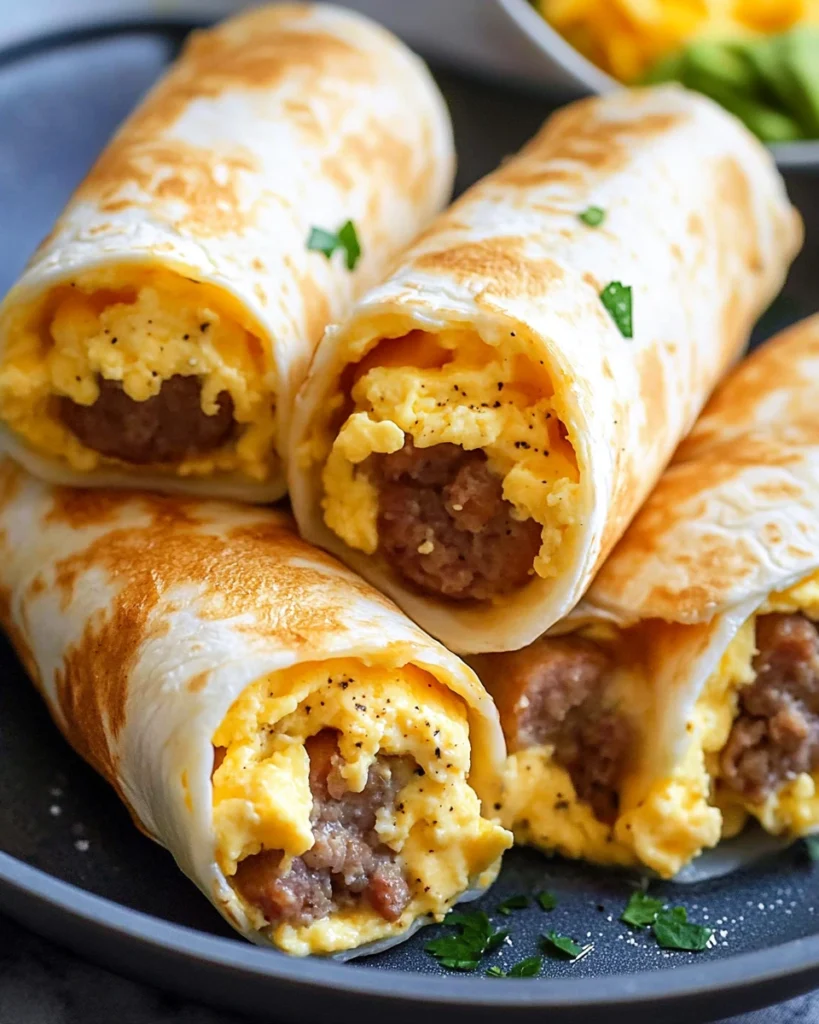 Close-up of sausage and egg breakfast burritos on a plate