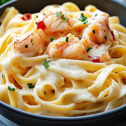 A close-up shot of creamy crab fettuccine Alfredo in a black bowl, topped with fresh parsley and red pepper flakes.