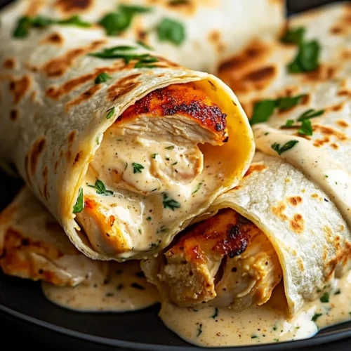 Golden-brown tortillas filled with grilled chicken, generously covered in a creamy, herb-infused sauce, and garnished with fresh parsley.