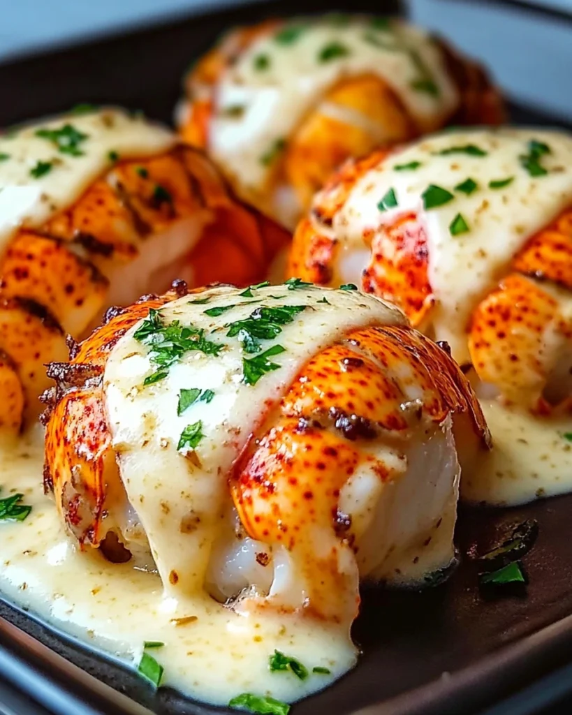 Juicy lobster tails coated in a rich, creamy garlic butter sauce, perfectly seared and garnished with fresh herbs for a gourmet seafood experience.