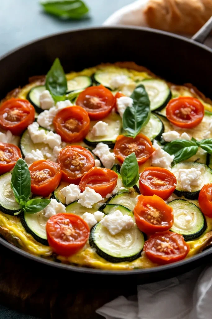 Mediterranean zucchini, tomato, and feta frittata garnished with fresh basil in a skillet