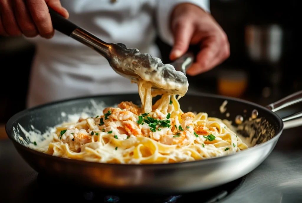 A chef tossing creamy crab fettuccine pasta in a skillet with tongs, coated in a rich Alfredo sauce and garnished with fresh parsley.