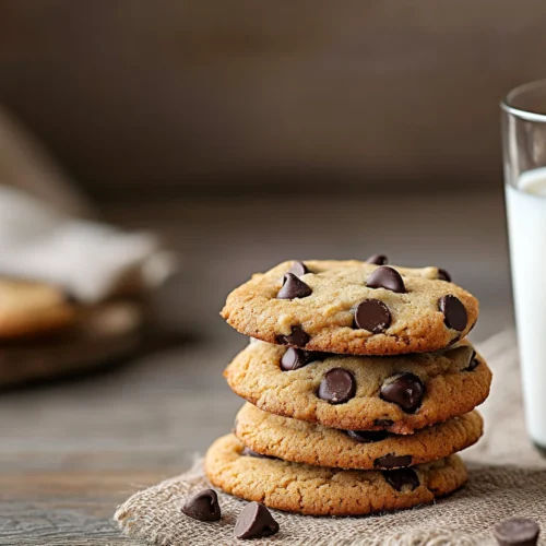 A stack of freshly baked chocolate chip cookies with golden edges and melted chocolate chips, placed on a rustic wooden surface next to a glass of milk.