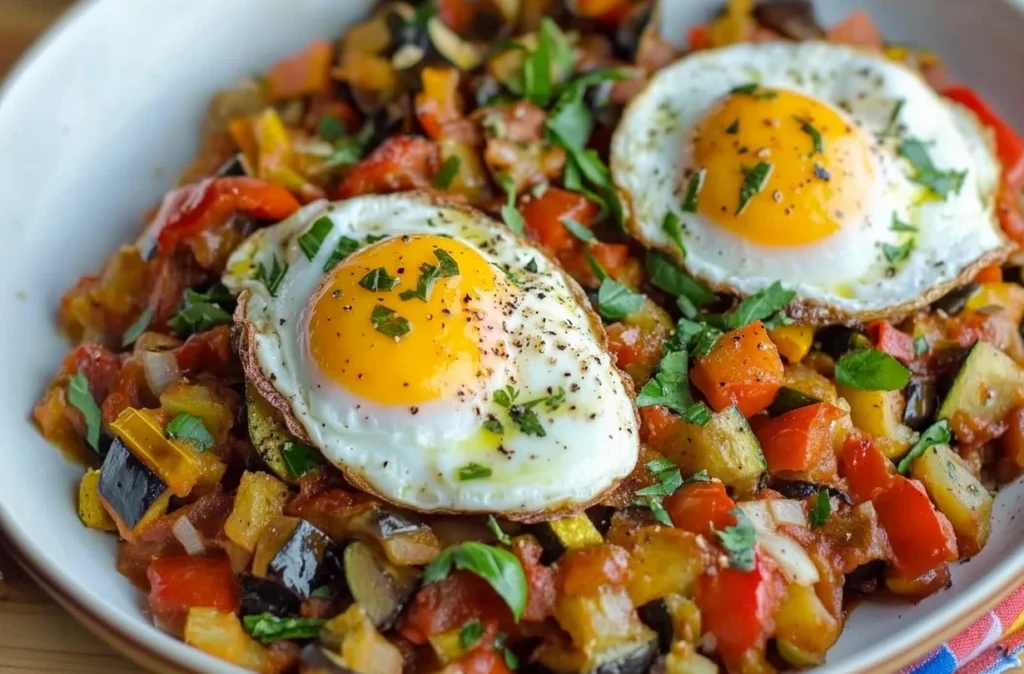 Close-up of poached eggs over delicious garden ratatouille