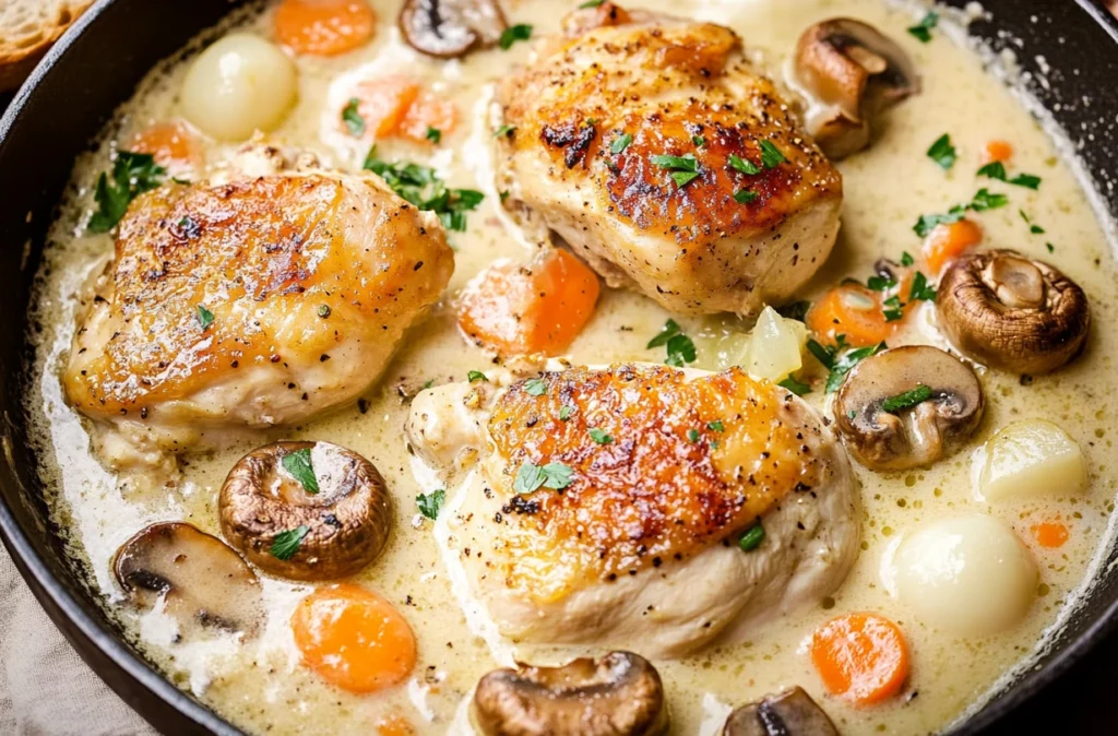 Close-up of chicken thighs simmering in a rich cream sauce