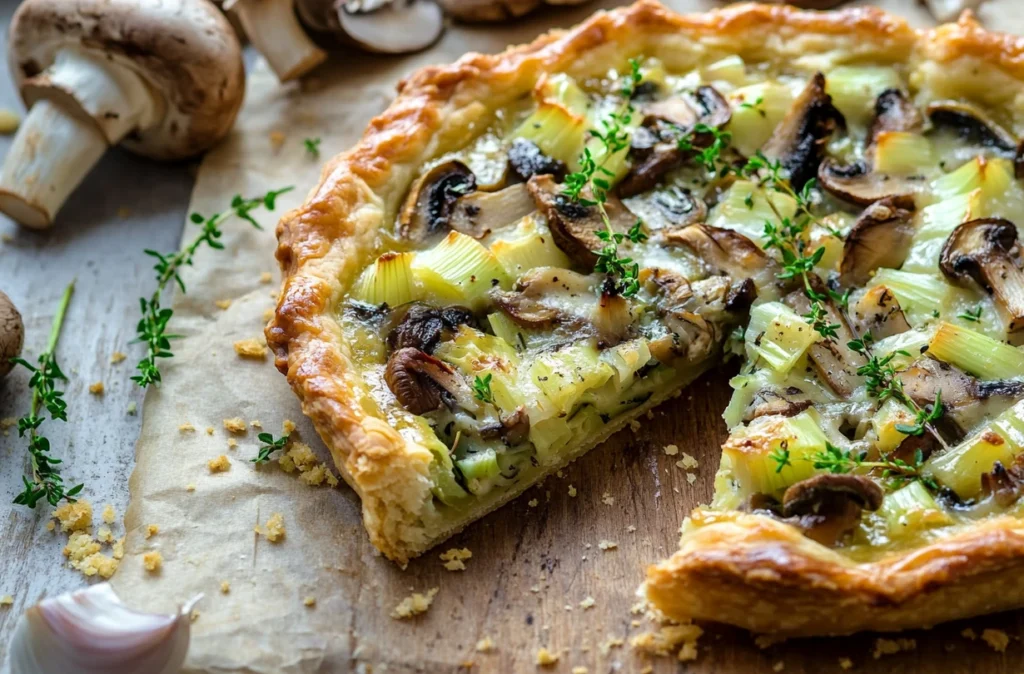 Delicious mushroom tart garnished with fresh parsley