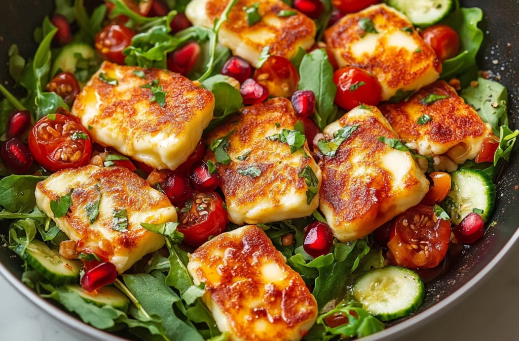 Fresh salad with sliced halloumi and honey vinaigrette