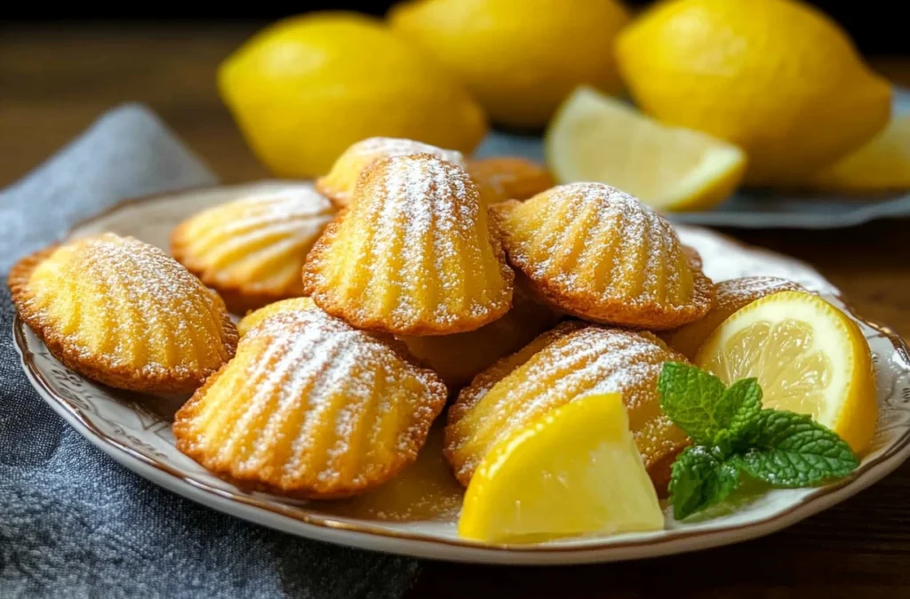 Freshly baked Lemon Madeleines dusted with powdered sugar on a cooling rack.