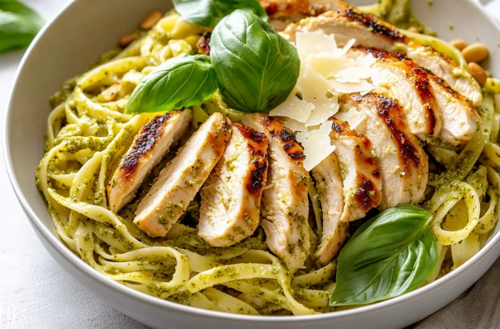 Easy creamy pesto pasta ready to serve, garnished with basil leaves