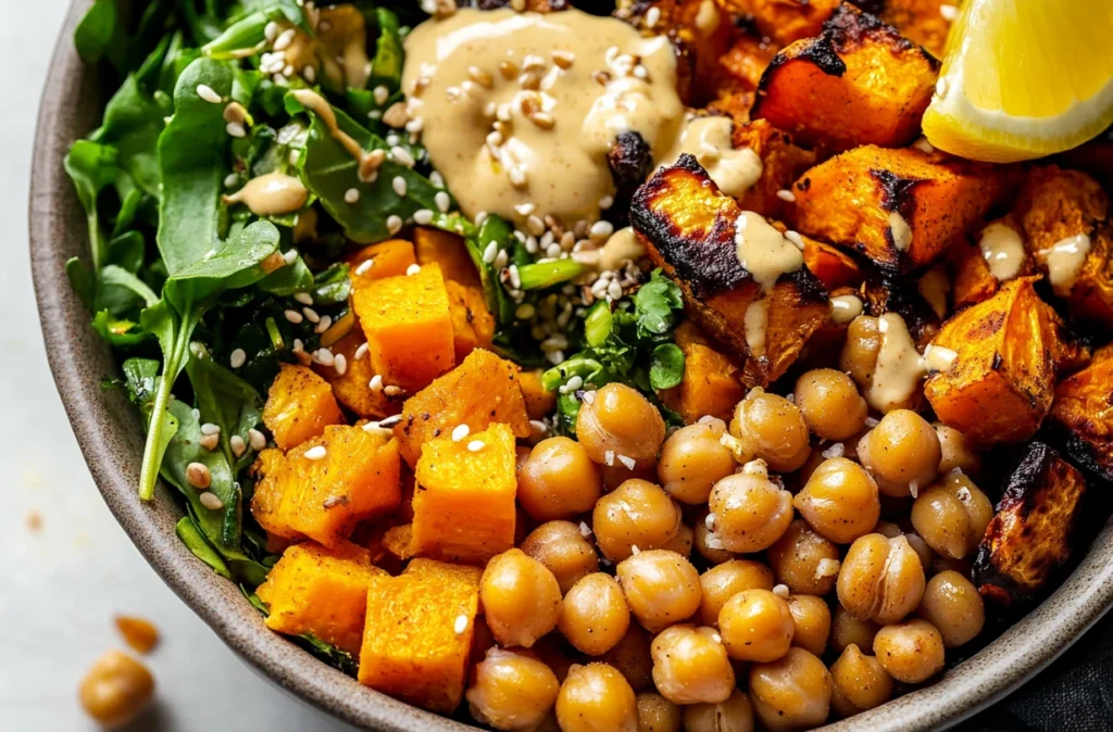 Buddha bowl filled with roasted peppers, zucchini, broccoli, and quinoa