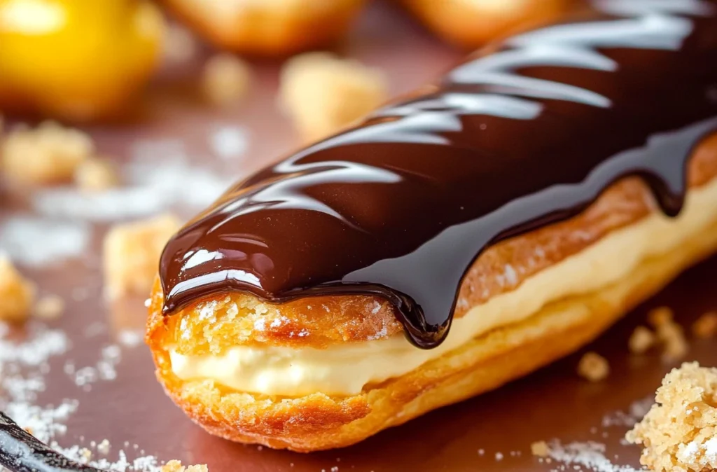 Freshly baked vanilla éclairs filled with creamy pastry cream