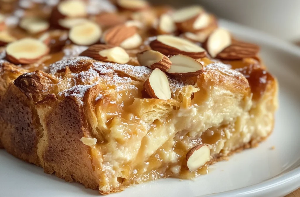 Slices of almond croissant bread pudding with a scoop of vanilla ice cream