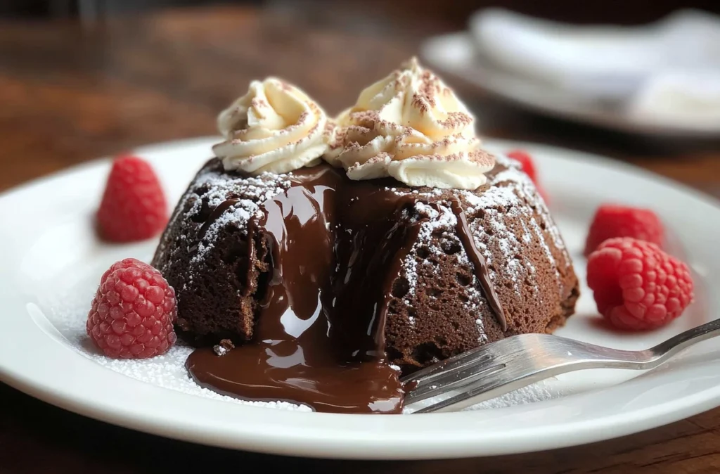 Chocolate lava cake cut open to reveal molten center