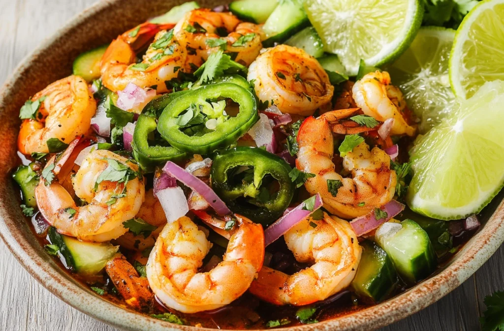 Delicious serving of shrimp aguachile in a chilled dish, ready to eat