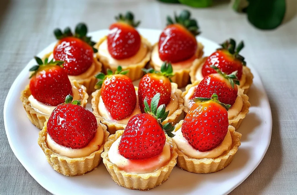Close-up of a slice of strawberry tartelette with creamy filling